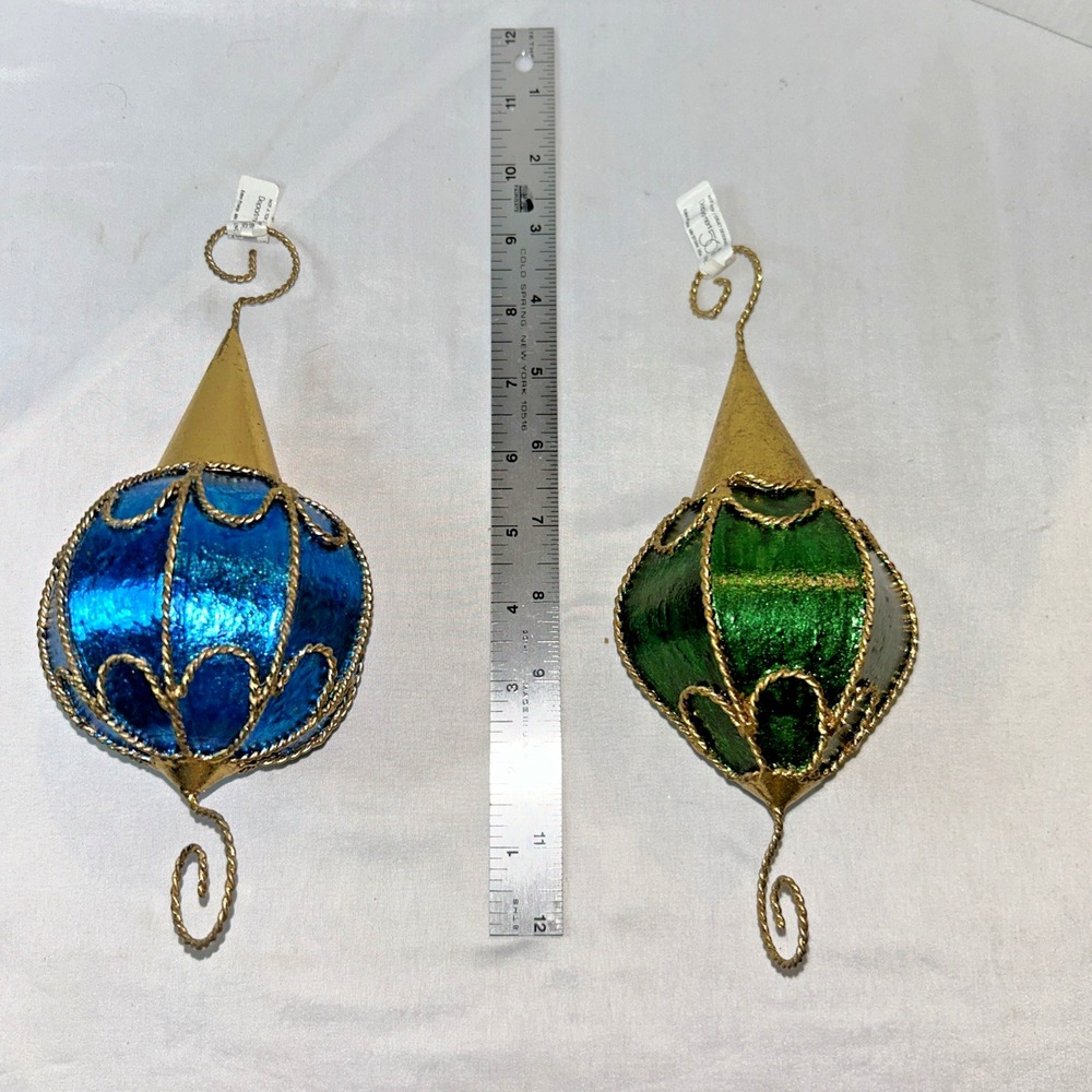 2-Department 56 lantern-style Large Ornament Gold Filigree Scroll Blue/Green - Picture 6 of 8